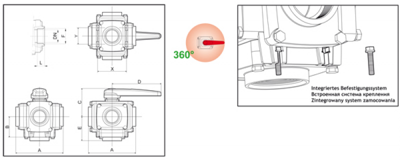 Arag 4-way Ball Valve series 453 - 16 bar | 230 PSI